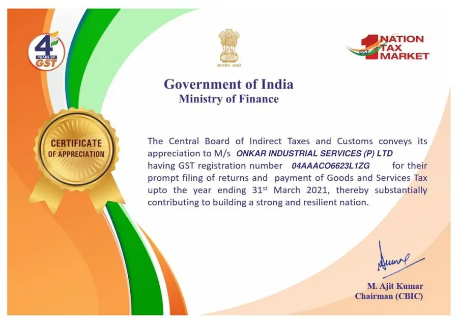 Certificate of Appreciation from Central Board of Indirect Taxes and Customs (Govt. of India) to Onkar Industrial Services for prompt GST filing