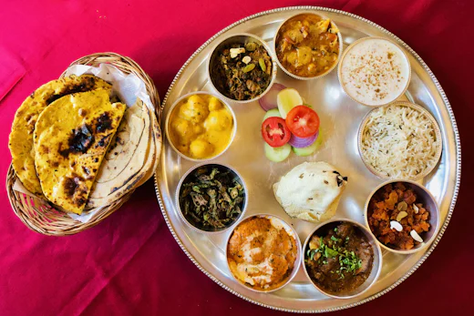 Hot Indian meal served on a steel canteen tray