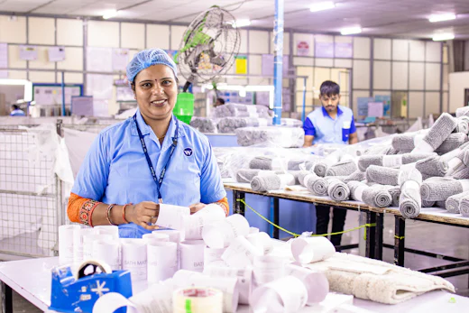 Worker closely inspecting production work